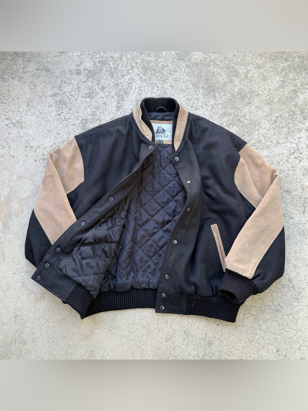 Vintage Burk’s Bay Genuine Leather Quilted Lined Varsity Black Tan Jacket Sz XL